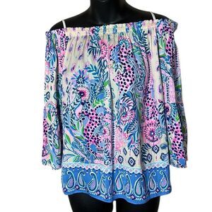 Lilly Pulitzer nevie off shoulder macadamia haute colorful vibrant summer